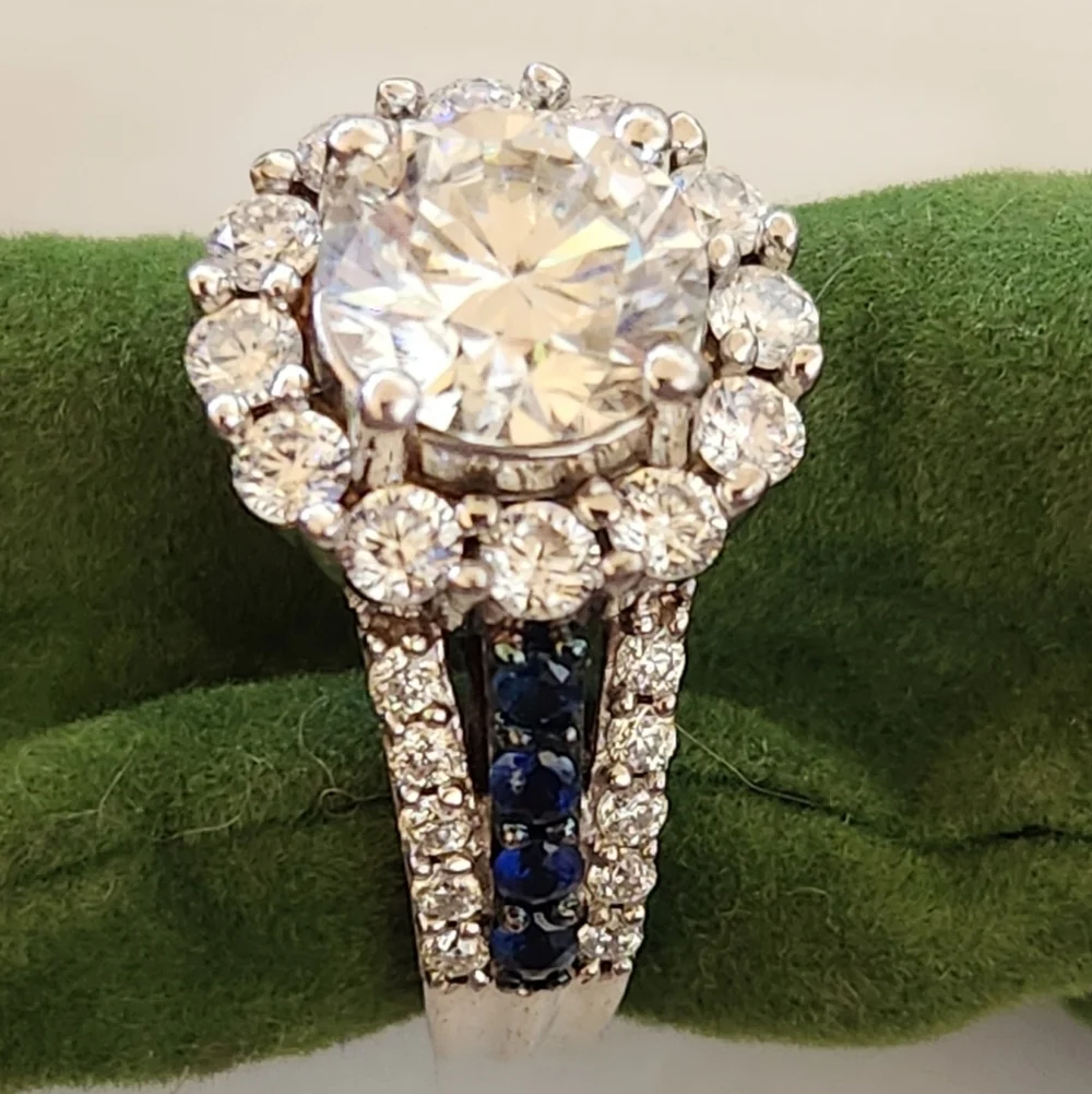 Moissanite Fire Blue Sapphire Platineve 925 Silver Ring - Picture 13 of 16